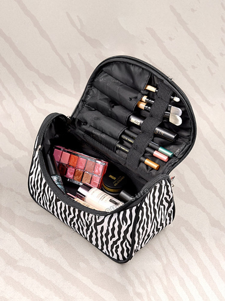 Portable Zebra Polyester Cosmetic Bag Toiletries Handbag With Mirror