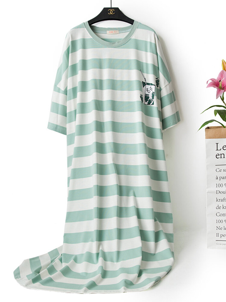 Plus Size Casual Pajamas Cotton Breathable Striped Print Long Loose Sleepwear