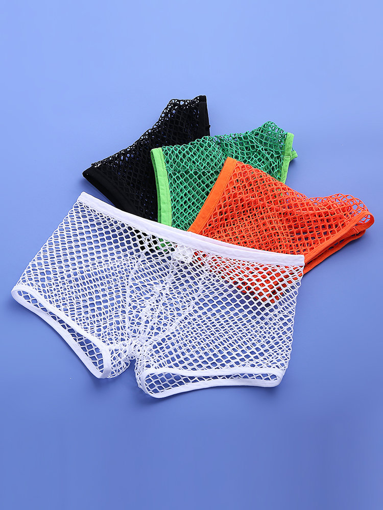 Men Sexy Net See Through Boxer Briefs Fishnet Nylon Thin Breathable Plain Sexy Underwear