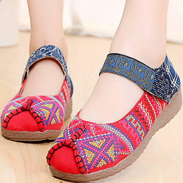 Pattern Embroidered Color Match Hook Loop Soft Sole Retro Flat Shoes
