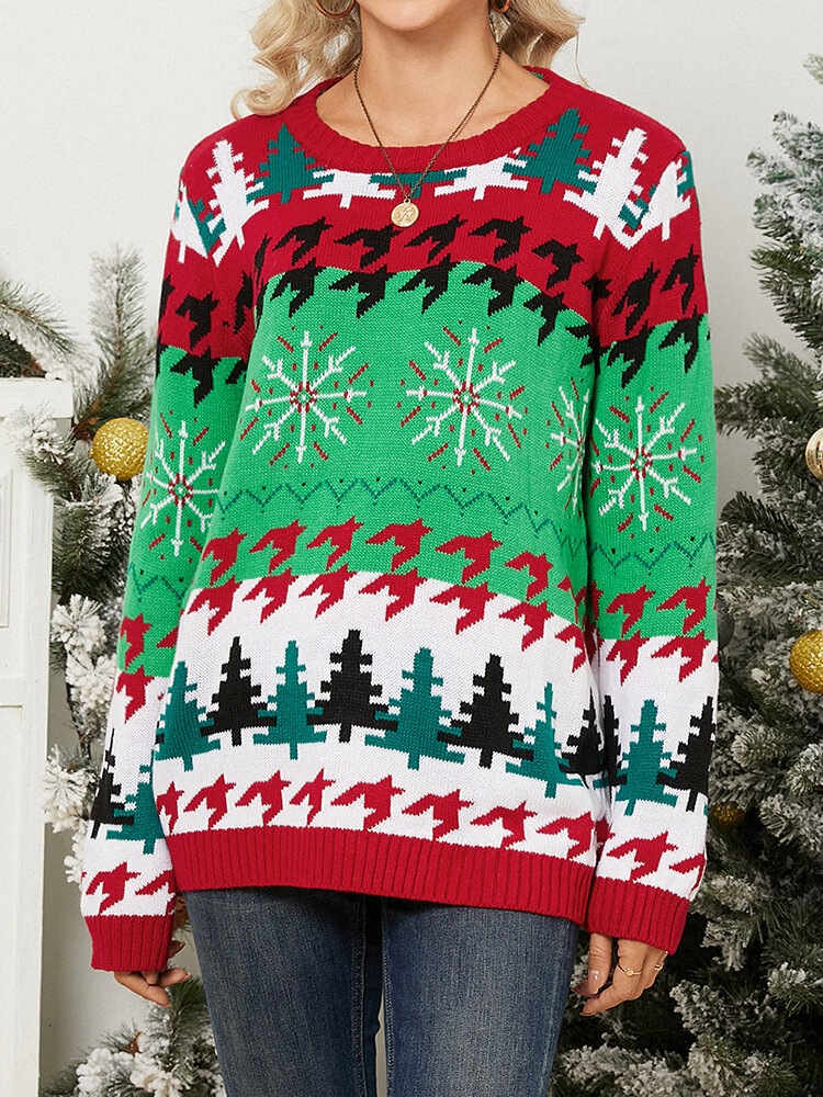 Christmas Tree Pattern Long Sleeve O-neck Knit Sweater