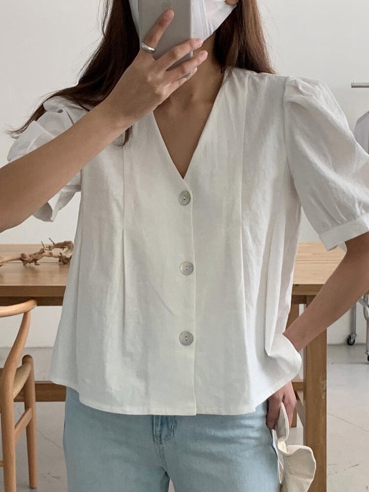 Solid Puff Sleeve Button Front V-neck Casual Blouse