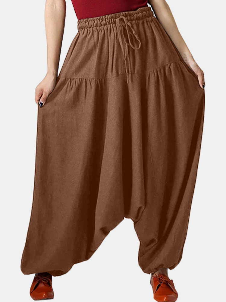 Solid Color Plain Drawstring Bell-bottom Loose Long Casual Pants for Women