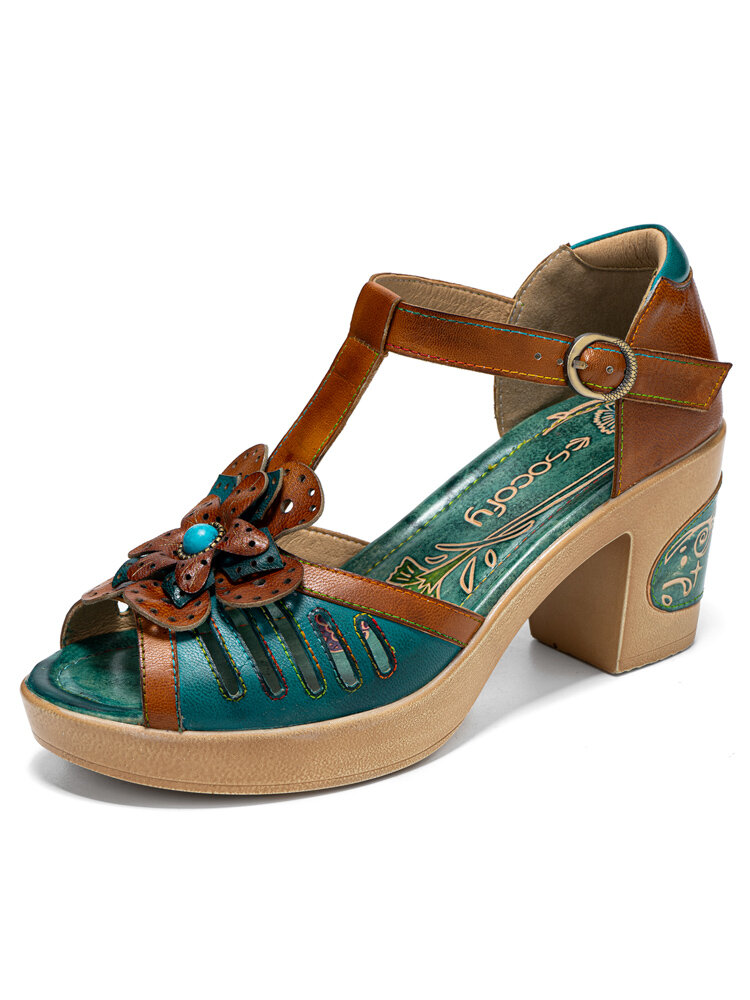 Socofy Genuine Leather Retro Three-dimensional Flower Comfy Breathable Hollow Heeled Sandals