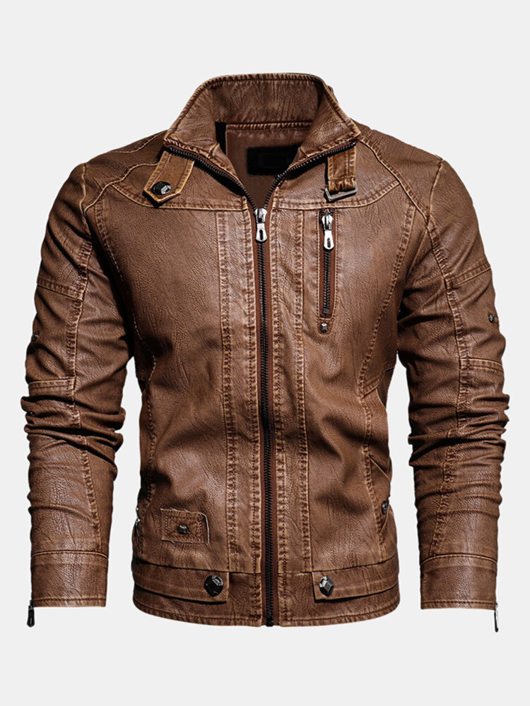 Mens Leather Slim Fit Coats Long Sleeve Fleece Lined Warm PU Leather Outerwears 