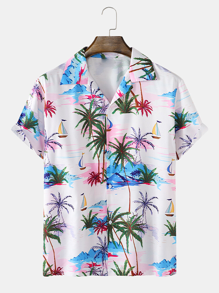 Mens Coconut Tree Seaside Landscape Print Lapel Short Sleeve Shirt