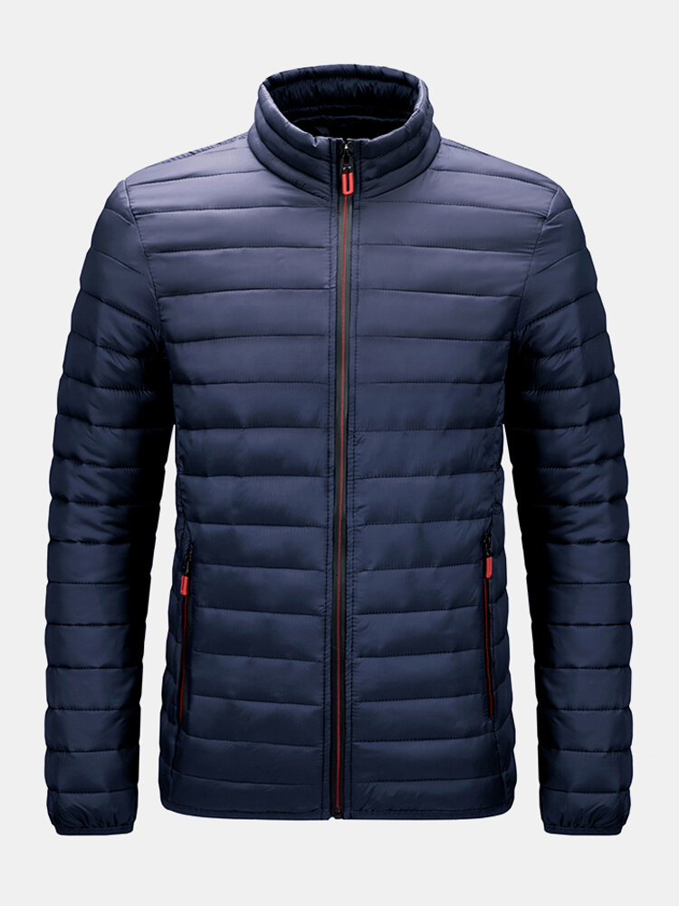 

Mens Zip Front Quilted Solid Basic Padded Puffer Jackets With Pocket, Navy;red;green;gray;blue;black