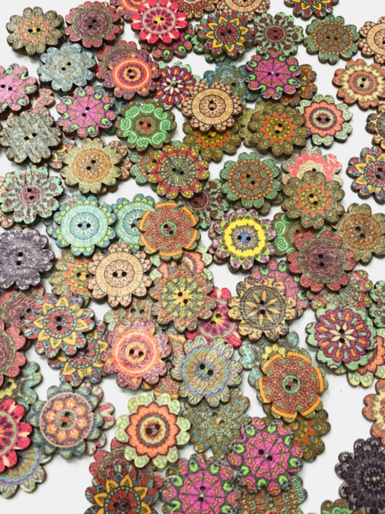 100 Pcs Wooden Retro Style Flowers Antique Bohemia Style Flower Buttons DIY Decorative Buttons