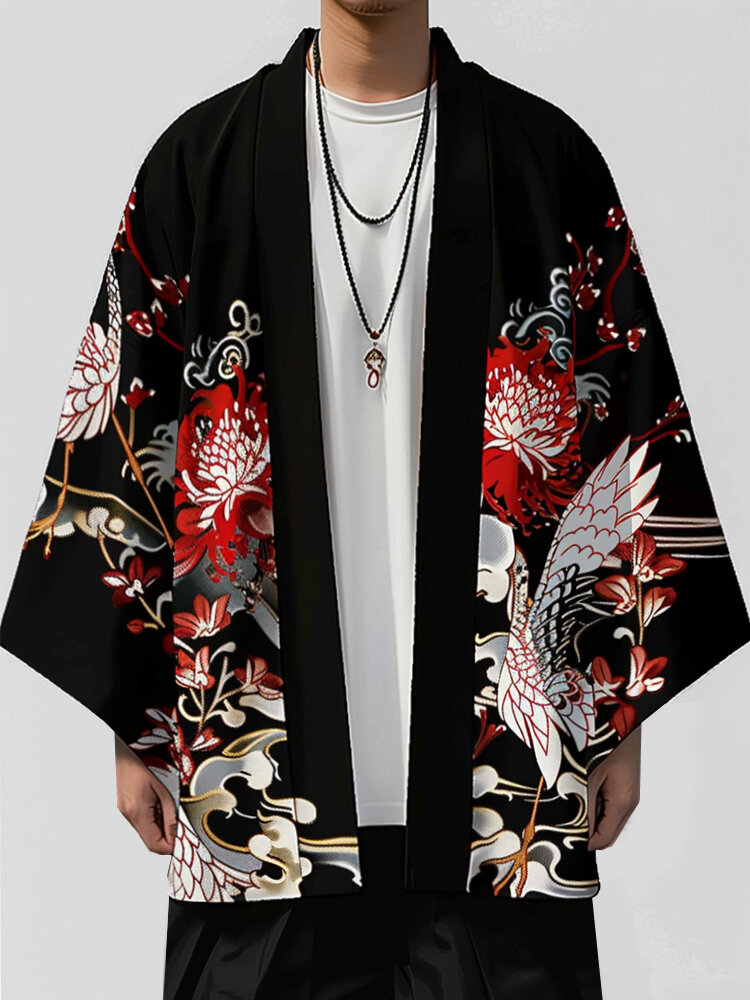 

Mens Japanese Style Floral Print Open Front Loose 3/4 Sleeve Kimono, Black