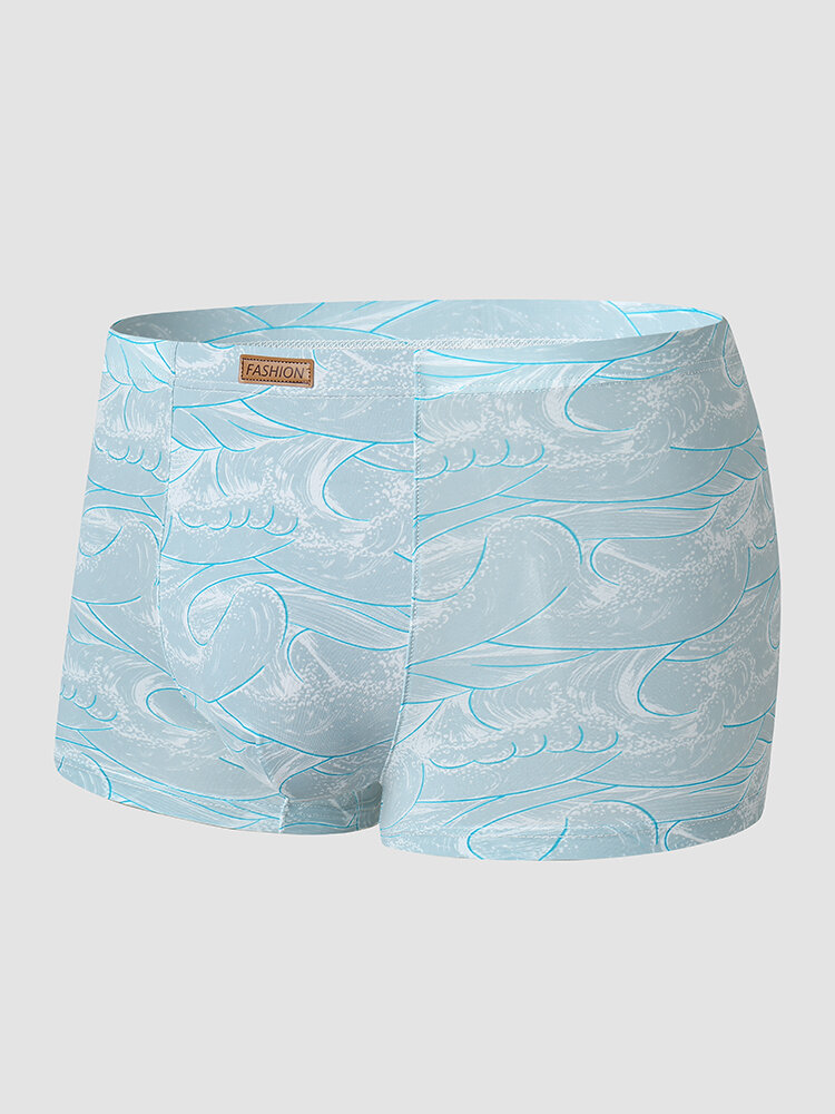 Men Ice Silk Waves Pattern Lightly Lined Mid Waist Skin Friendly Comfy Boxers Briefs