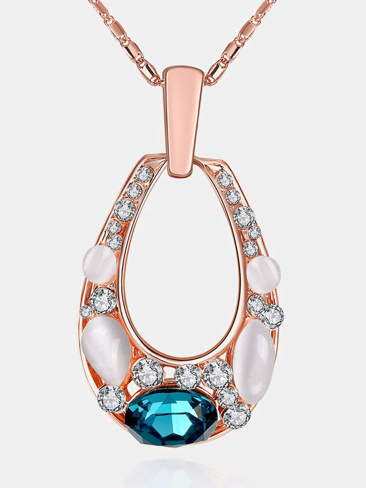 Luxury Women Necklace Oval Hollow Opal Glass Crystal Rhinestone Necklace