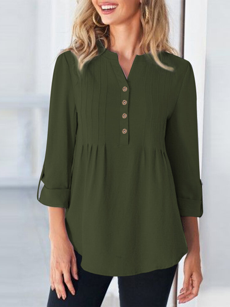 Solid Button Front Pleated Long Sleeve Casual Blouse