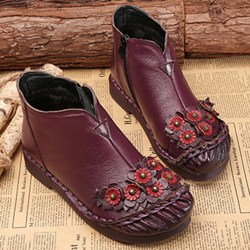 Little Flower V Shape Leather Zipper Boots