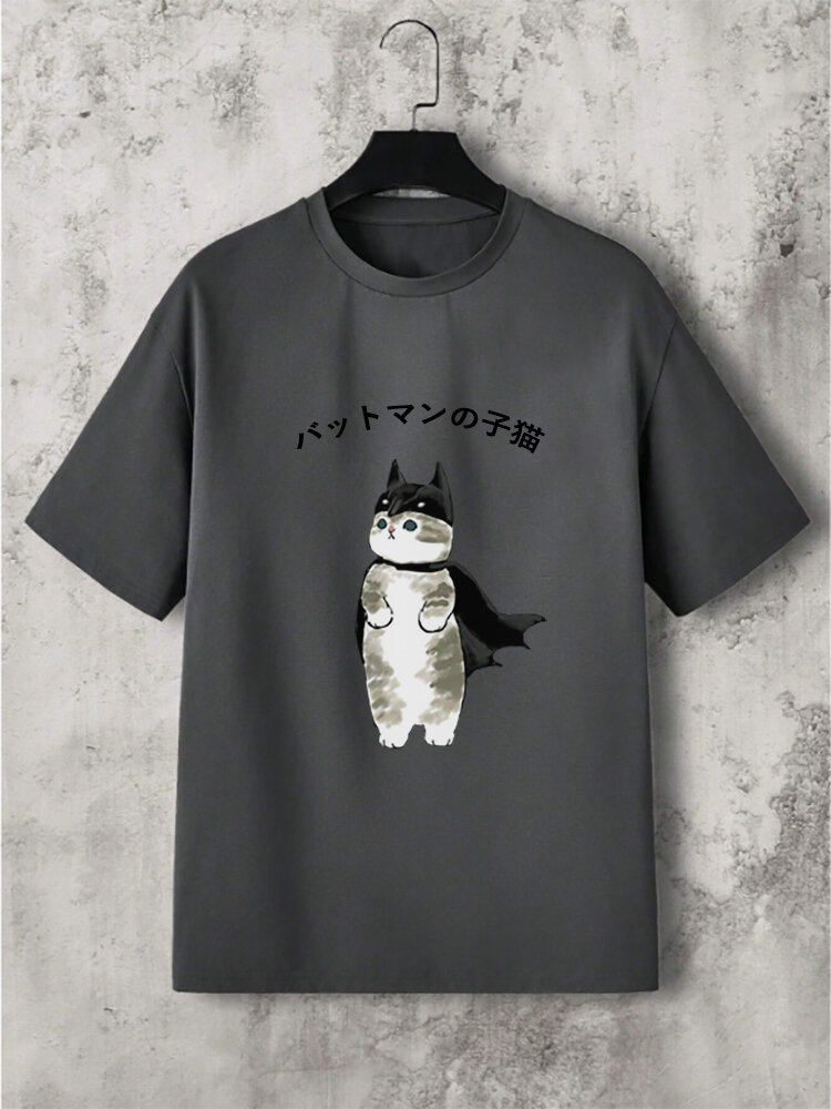 

Mens Japanese Cartoon Cat Print Crew Neck Short Sleeve T-Shirts, Dark gray;black