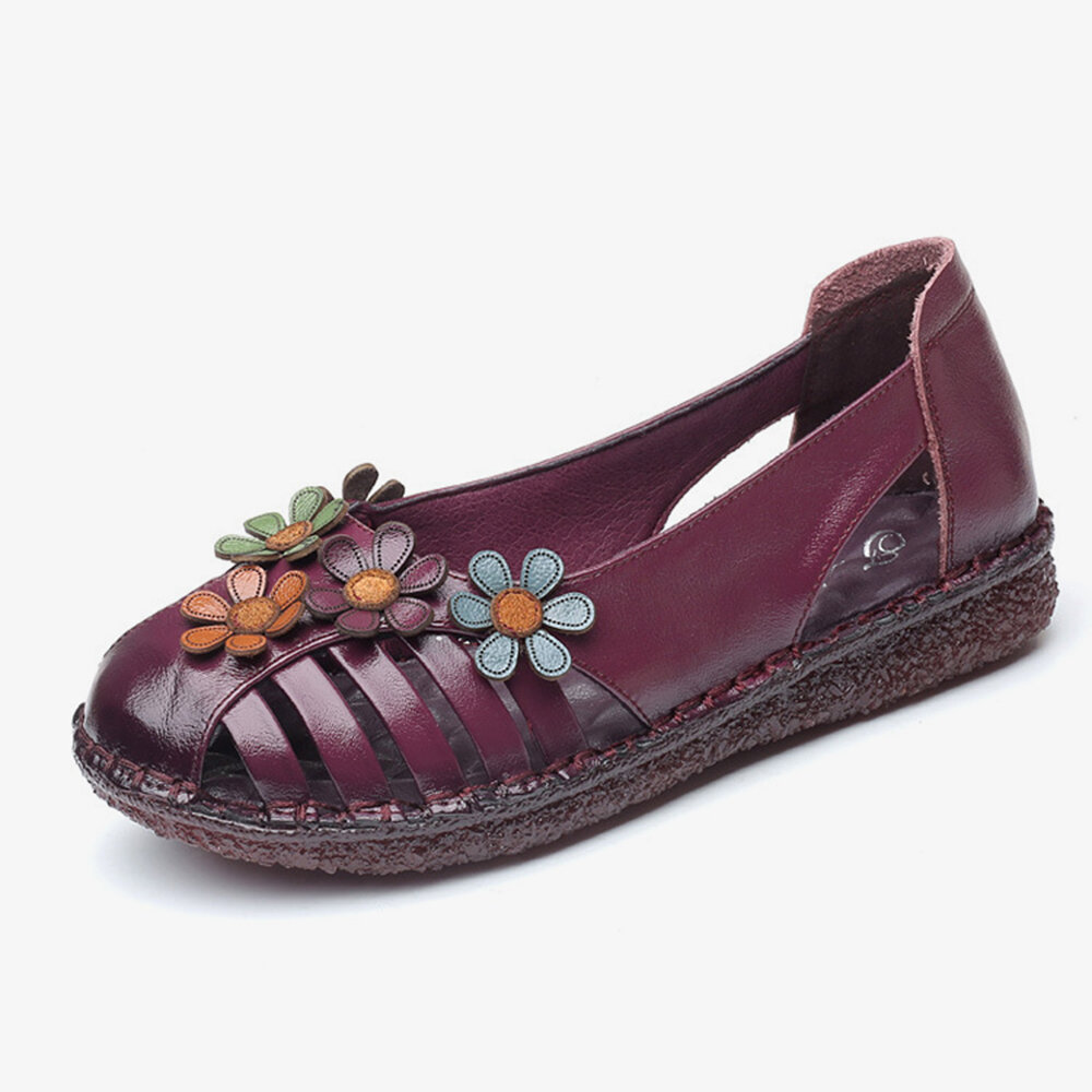 Womens Leather Colour Flowers Massage Soles Flats Shoes