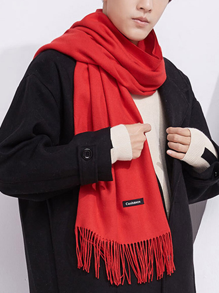 Women Men Vintage Warm Cashmere Blend Scarf With Tassel Winter Soft Shawls Solid Scarves