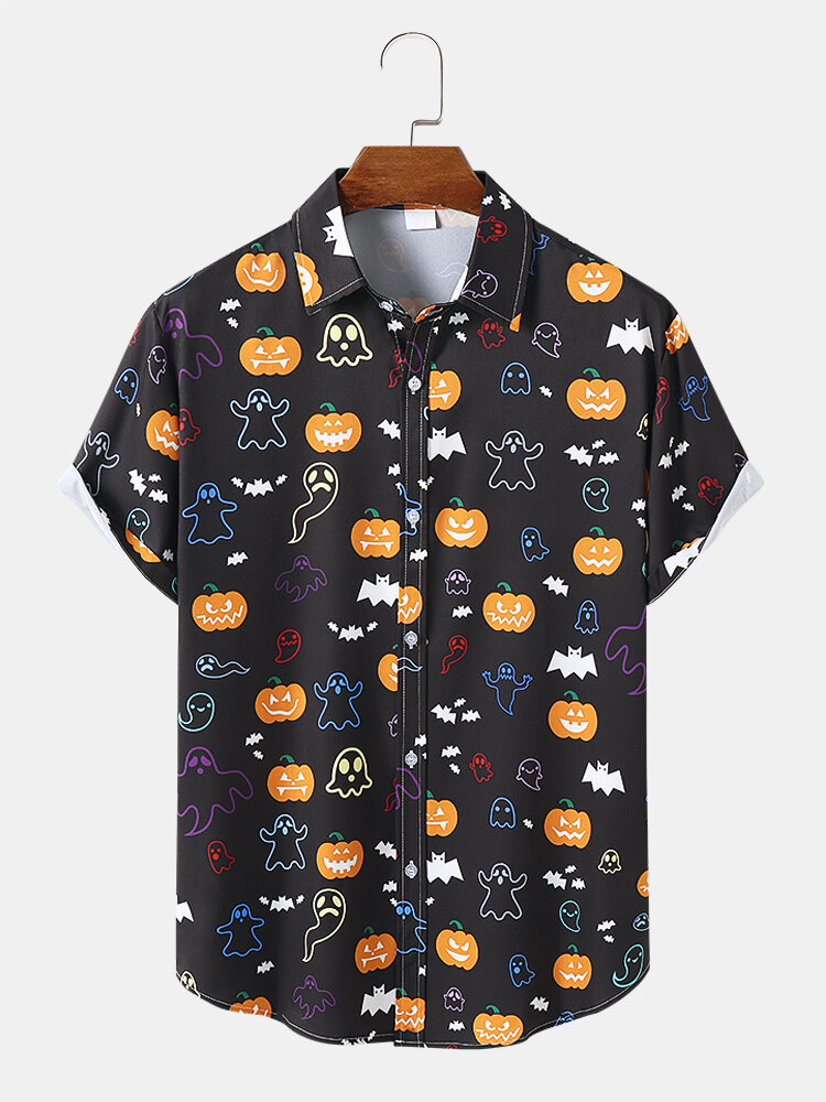 Mens Colorful Ghost Pumpkin Print Halloween Short Sleeve Shirts