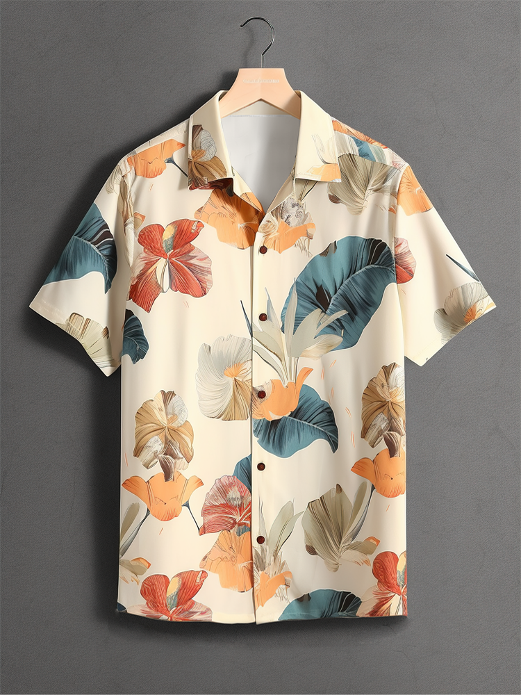 

Mens Allover Tropical Plant Print Hawaiian Vacation Short Sleeve Shirts, Apricot