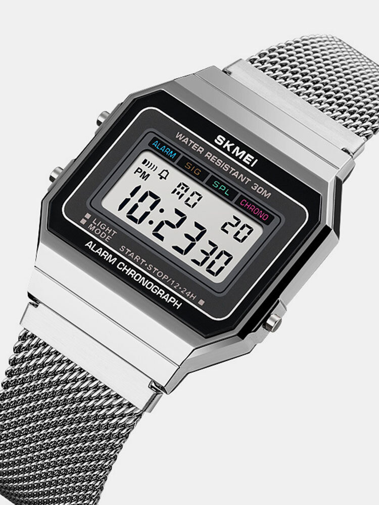 Fashion Men Watch Date Week Display Stopwatch Waterproof LED Light Business Mesh Belt Digital Watch