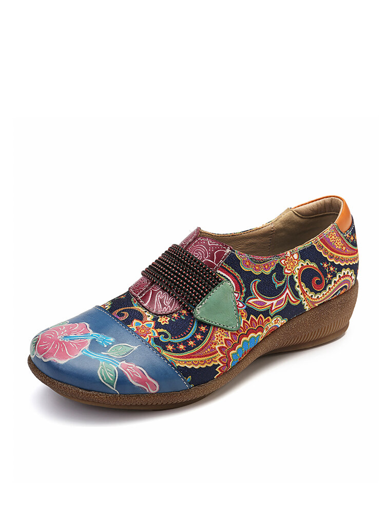 

SOCOFY Folkways Flowers Pattern Genuine Leather Splicing Jacquard Elastic Band Slip On Flat Shoes, Blue