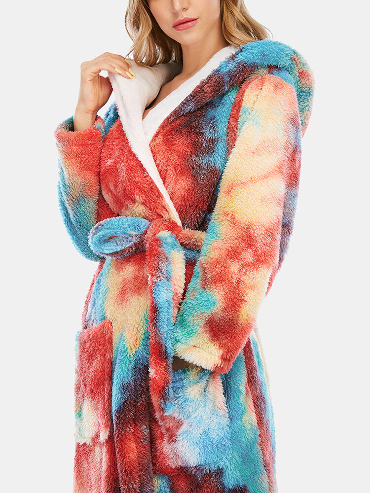 Women Colorful Tie-Dye Coral Fleece Double Pockets Thick Loose Hooded Home Robe