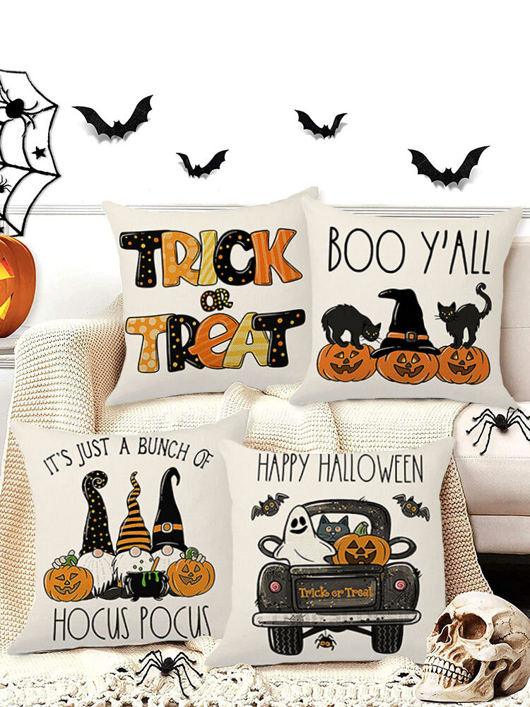 4 PCs Retro Linen Pumpkin Clown Bat Pattern Festival Decoration Halloween Cushion Cover Throw Pillow Cover Pillowcase