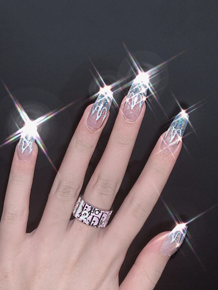 24Pcs/Box Laser Silver Flame Fake Nails Piece Wearable Artificial Finished Nails