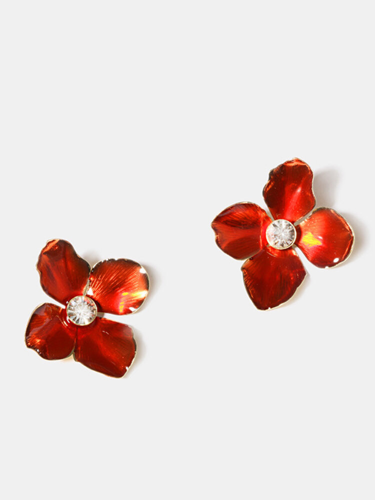 Trendy Flame Red Ear Stub Crystal Flower Earrings For Women