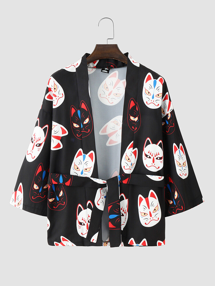 Mens Japanese Style Print Loose 3/4 Sleeve Kimono With Belt
