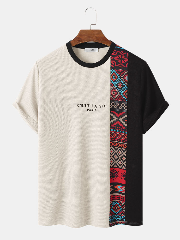 Camisetas masculinas com estampa étnica assimétrica de manga curta com decote em O