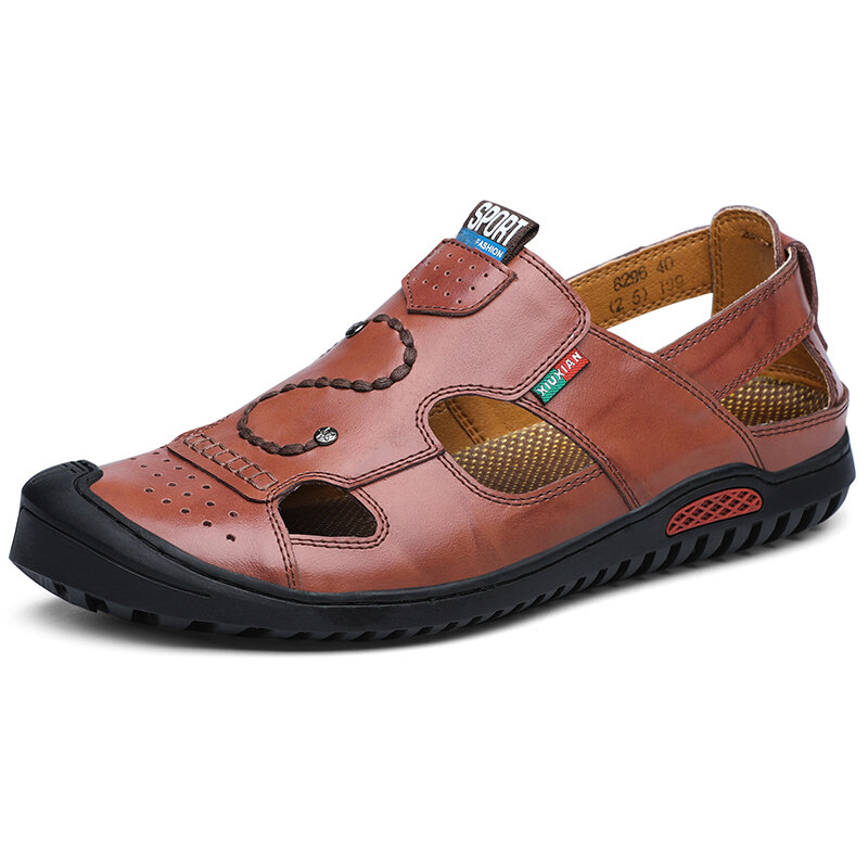 Large Size Men Hand Stitching Leather Anti-collision Non-slip Casual Sandals 