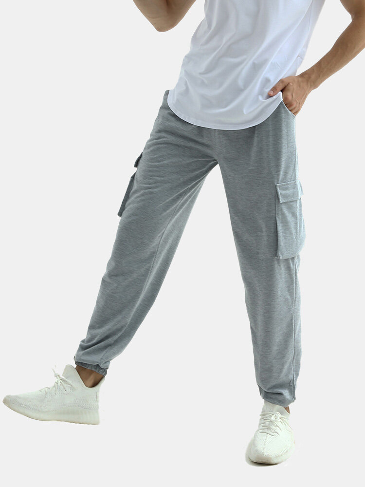 Mens Cotton Plain Side Pocket Loose Fit Sport Casual Elastic Waist Jogger Pants