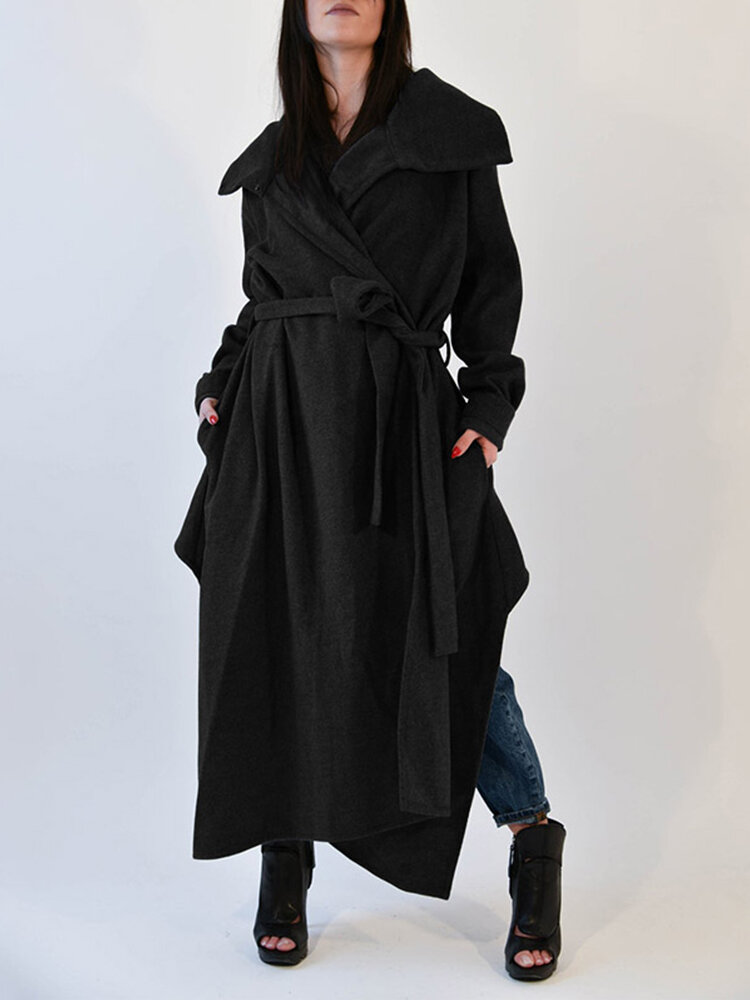 Women Solid Color Knotted Casual Coat With Pocket