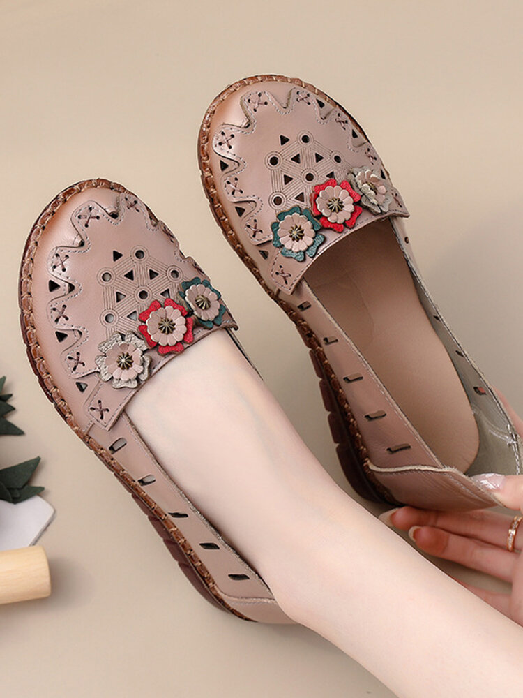 Socofy Leather Breathable Soft Round Toe Small Floral Casual Flats