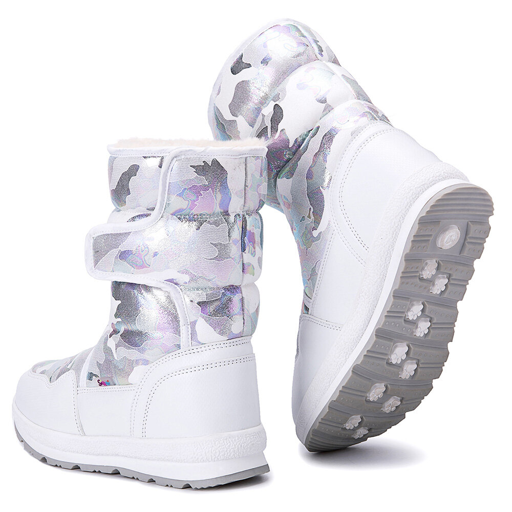 Women Casual Warm Plush Sequined Cloth Hook Loop Flat Snow Boots
