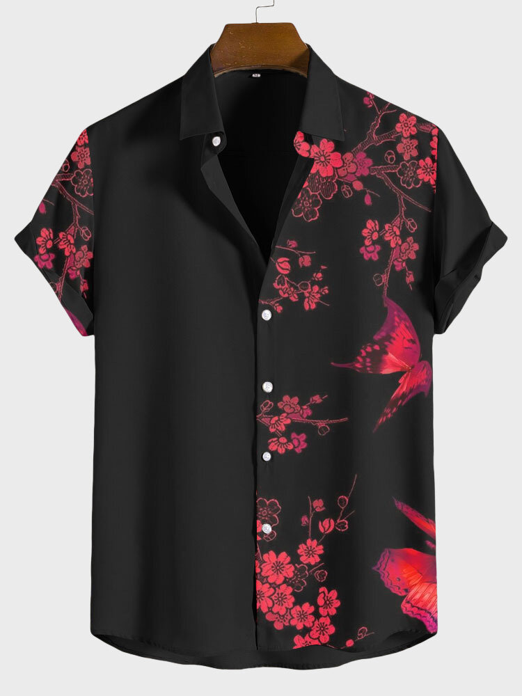 

Mens Chinese Plum Bossom Print Patchwork Short Sleeve Shirts, Black