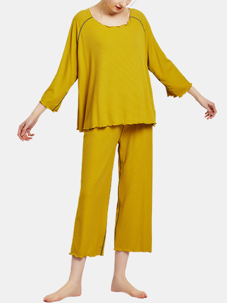 

Plus Size Women Rib Lettuce Trim Raglan Sleeve Modal Cozy Cropped Pajamas Sets, Yellow;red;blue;black