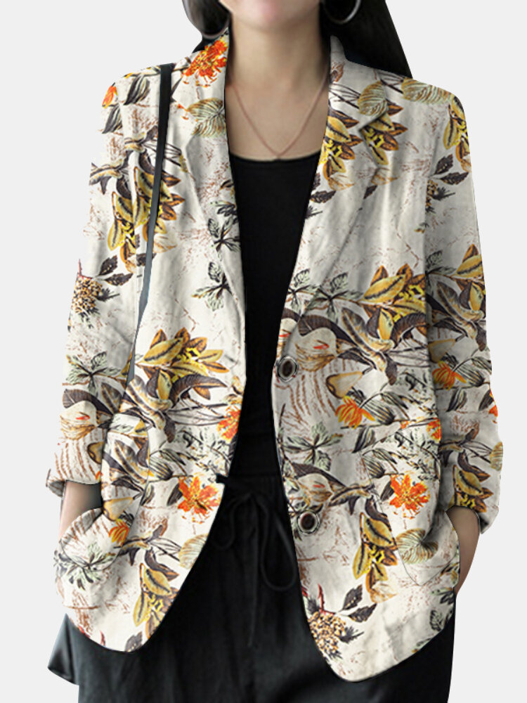 Floral Print Casual Lapel Collar Button Women Loose Blazer