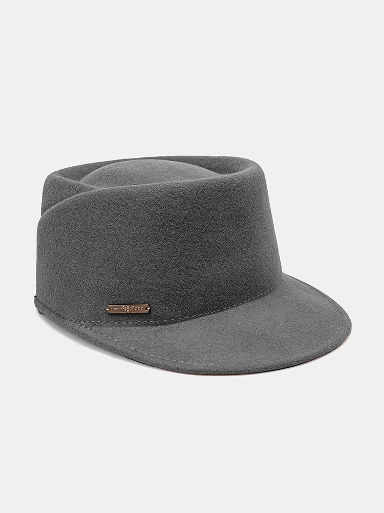 Men Wool Solid Color Letter Label Concave Top Twill Casual Equestrian Hat Flat Cap