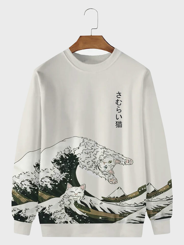 Mens Japanese Wave Cat Print Crew Neck Pullover Sweatshirts