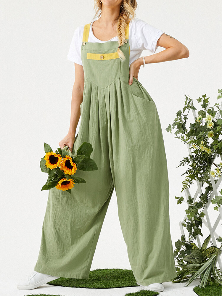 Contrast Color Pleated Strap Button Loose Casual Jumpsuit With Pocket
