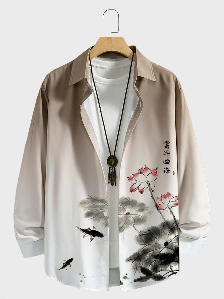 

Mens Ombre Chinese Lotus Ink Painting Lapel Long Sleeve Shirts, Coffee