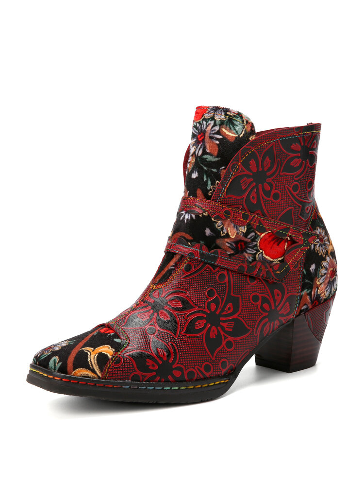 Socofy Casual Floral Print Leather Patchwork Cloth Side-zip Comfortable Square Toe Chunky Heel Boots