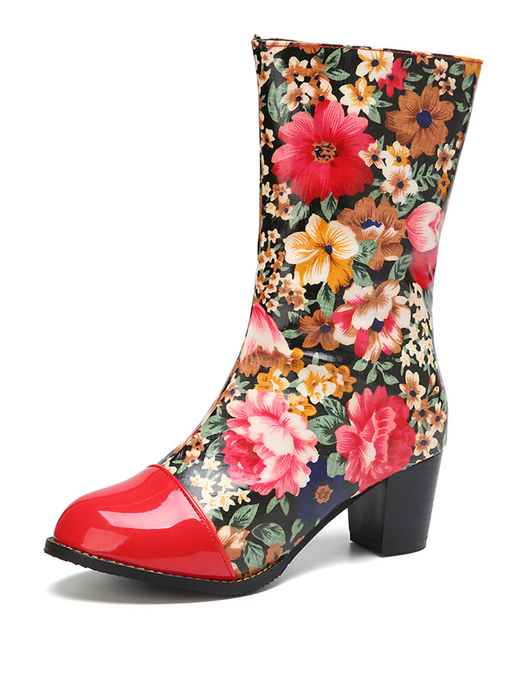 

SOCOFY Round Toe Flowers Splicing Side Zipper Chunky Heel Mid-calf Boots, Black;yellow;red