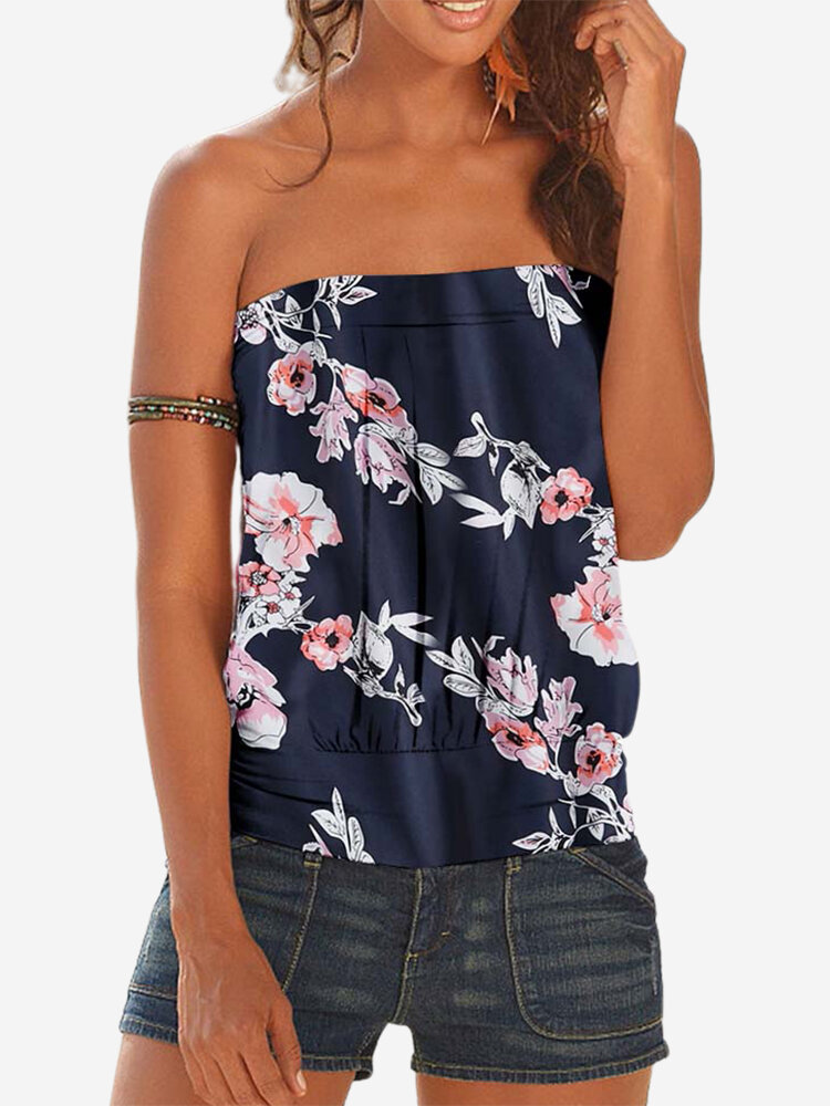 Floral Printed Sleeveless Strapless Pleated Tank Top