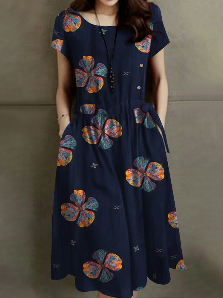 Flower Print Drawstring Waist Pocket Short Sleeve Vintage Dress
