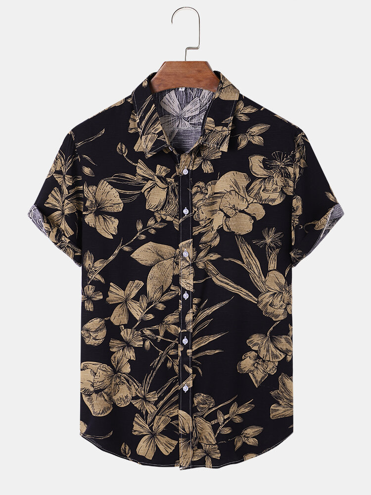 Mens Allover Plant Printed Lapel Button Up Short Sleeve Shirts