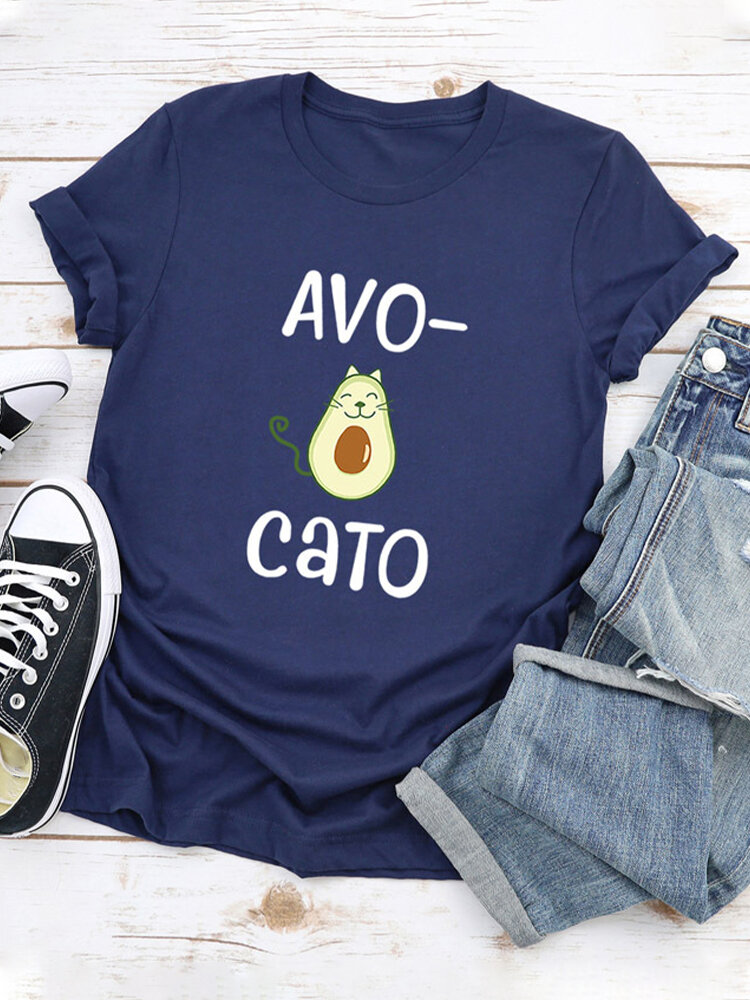 Cartoon Avocado Printed Letter Short Sleeve Casual T-shirt