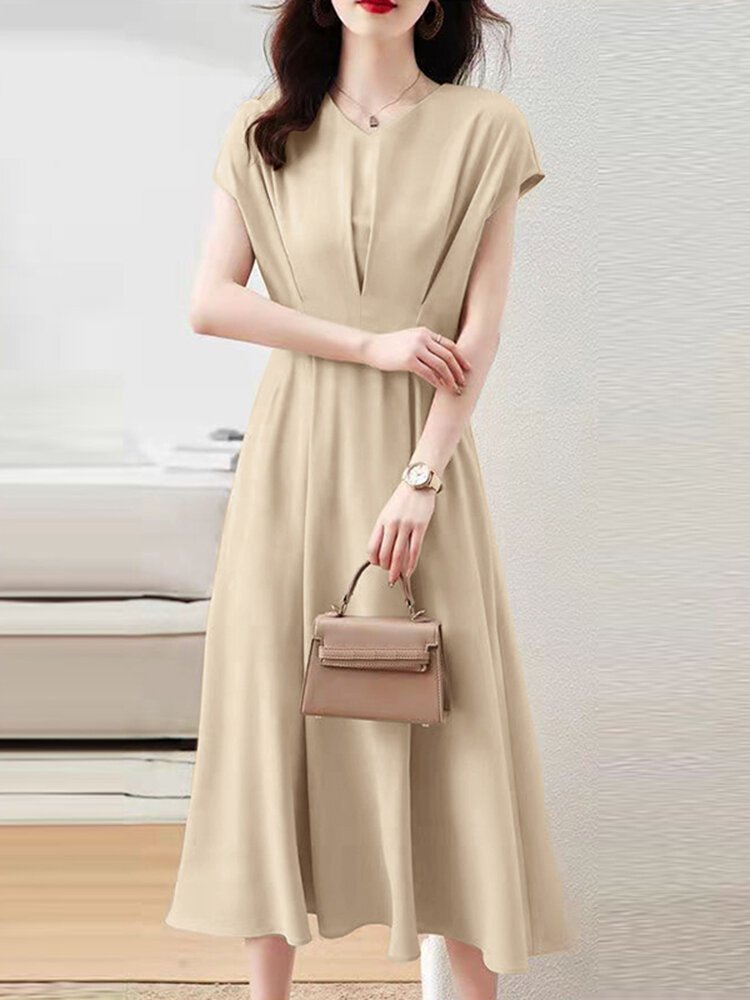 Solid Short Sleeve A-line V-neck Dress For Women