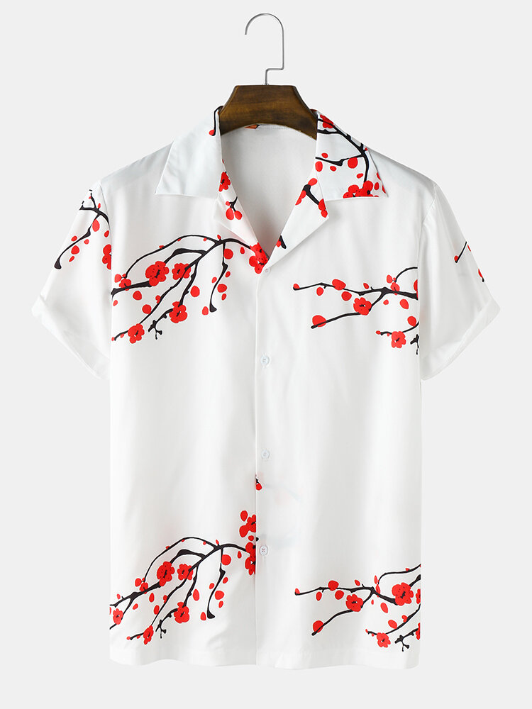 Mens Plum Bossom Print Camp Collar Chinese Style Short Sleeve Shirts
